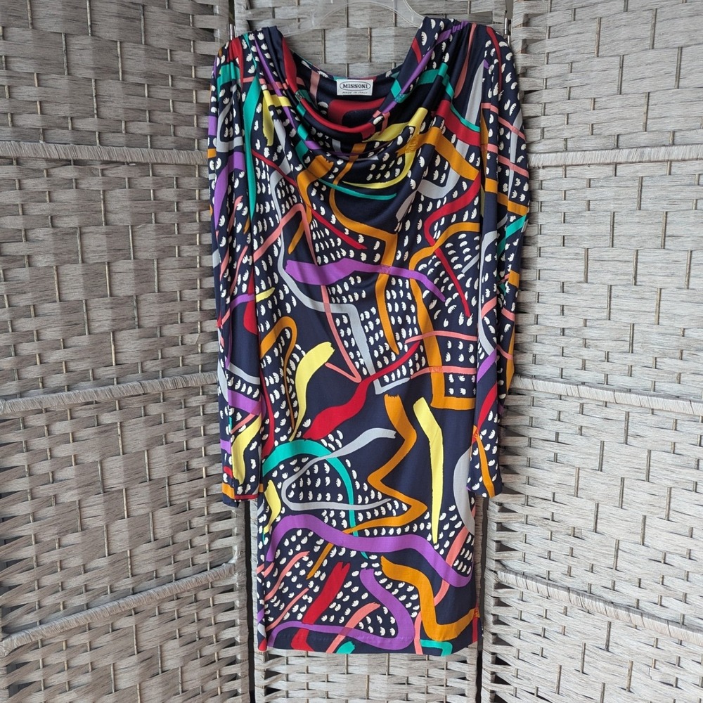 Vtg Missoni Sheath Dress Multicolor Abstract Cowl Neck Long Sleeve Stretch Sz M